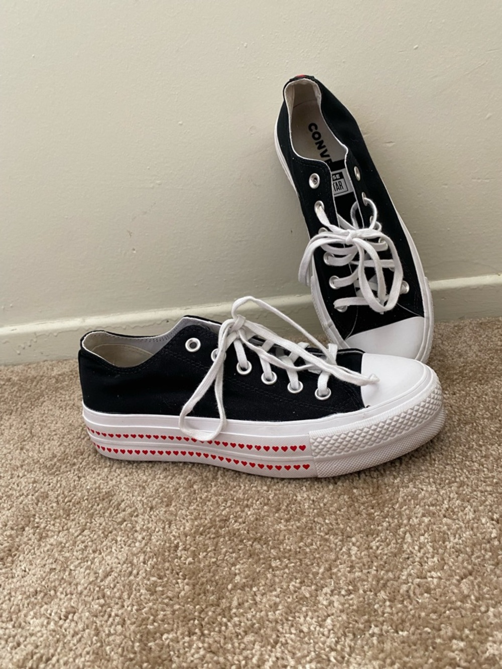 Converse Black Low-Top Platform Sneakers with Red Heart Trim